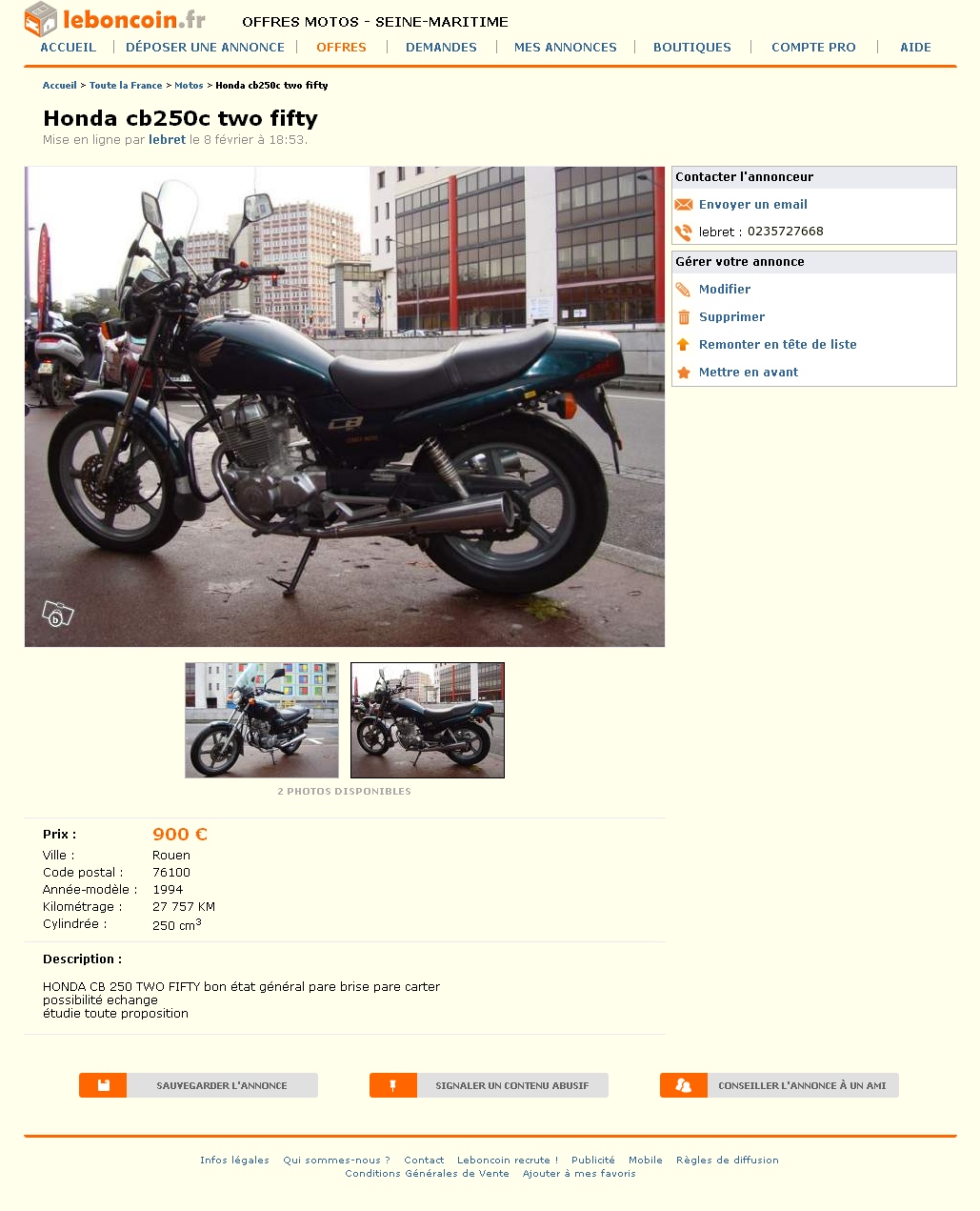 009 Honda cb250c two fifty Motos Seine-Maritime - leboncoin.fr - 2013 03 11 - 16 15 37 - www.leboncoin.fr-motos-403961908.htm